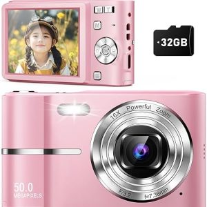 Upgrade Digital Camera, 50MP Full High Definition 1080P Camera with 16x Zoom Anti Shake, Compact Camera for Kid Student Children Teen Girl Boy, Kids Camera with 32GB SD Card,2 Batteries-Pink